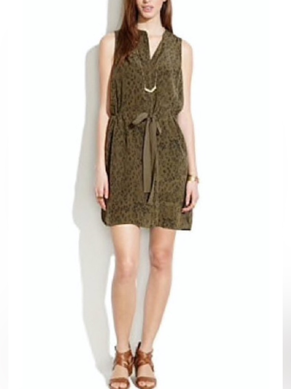 Madewell 100% Silk Olive Green Leopard Playa Mini Dress Tie Waist Size L Large